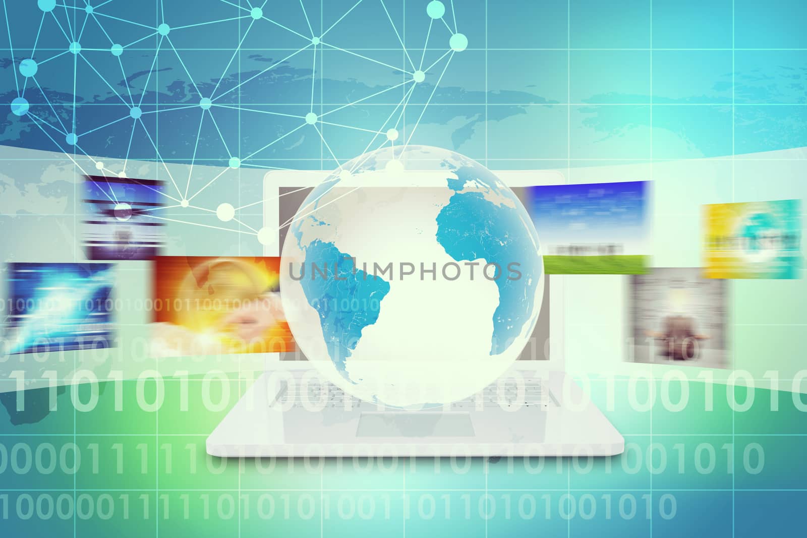 Virtual Earth on white laptop with wide virtual tape with pictures on abstract background with molecule. Elements of this image furnished by NASA