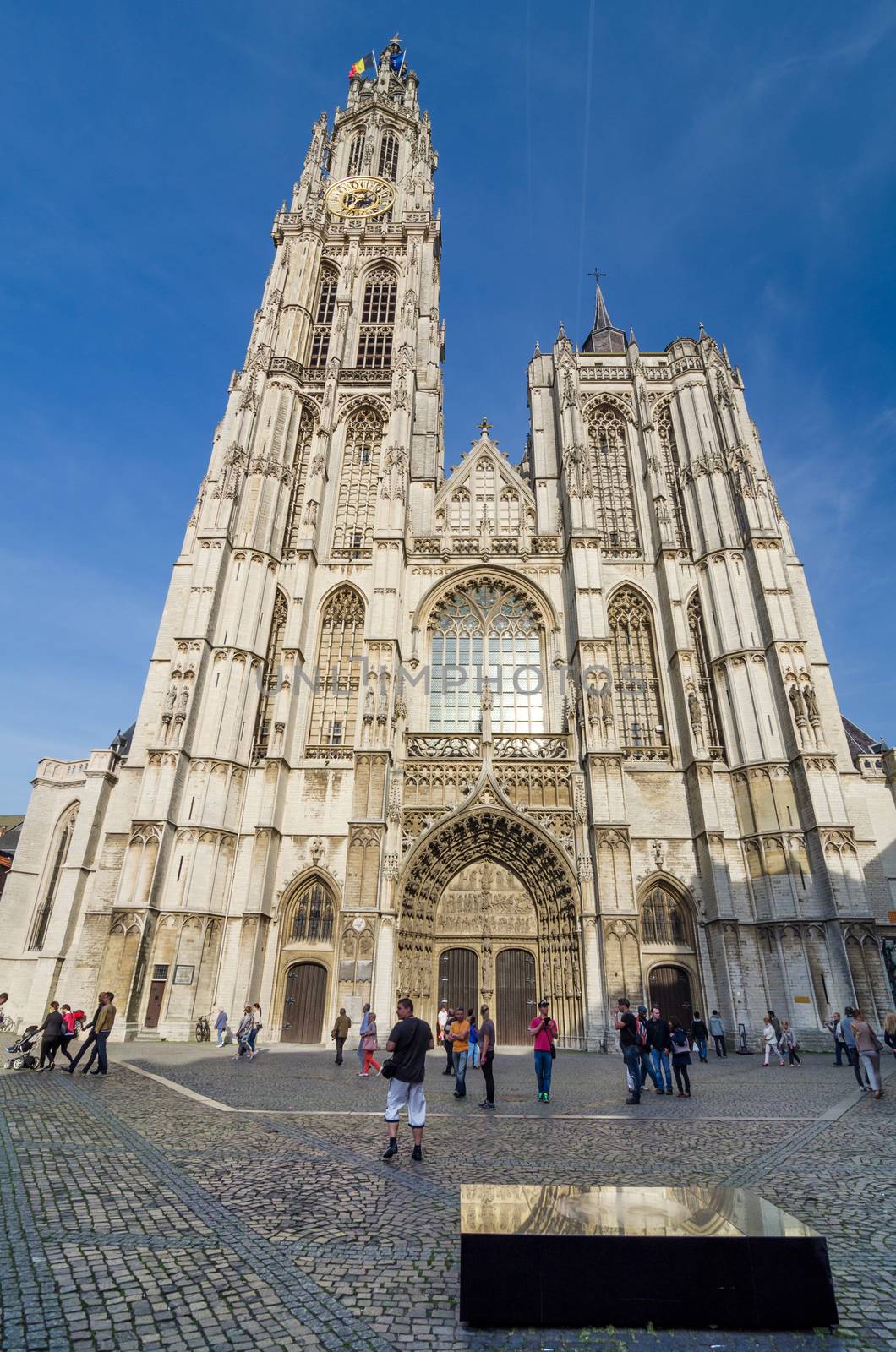 Antwerp, Belgium - May 10, 2015: Tourist visit Cathedral of Our Lady on May 10, 2015 in Antwerp, Belgium. The cathedral was completed in 1521 and this is the highest church in the Benelux with 123 m (404 ft) of height.