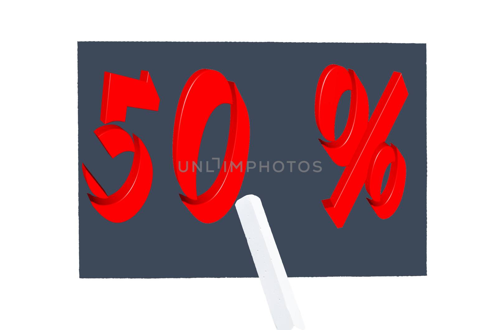 A dark panel with red lettering, 50% and chalk.