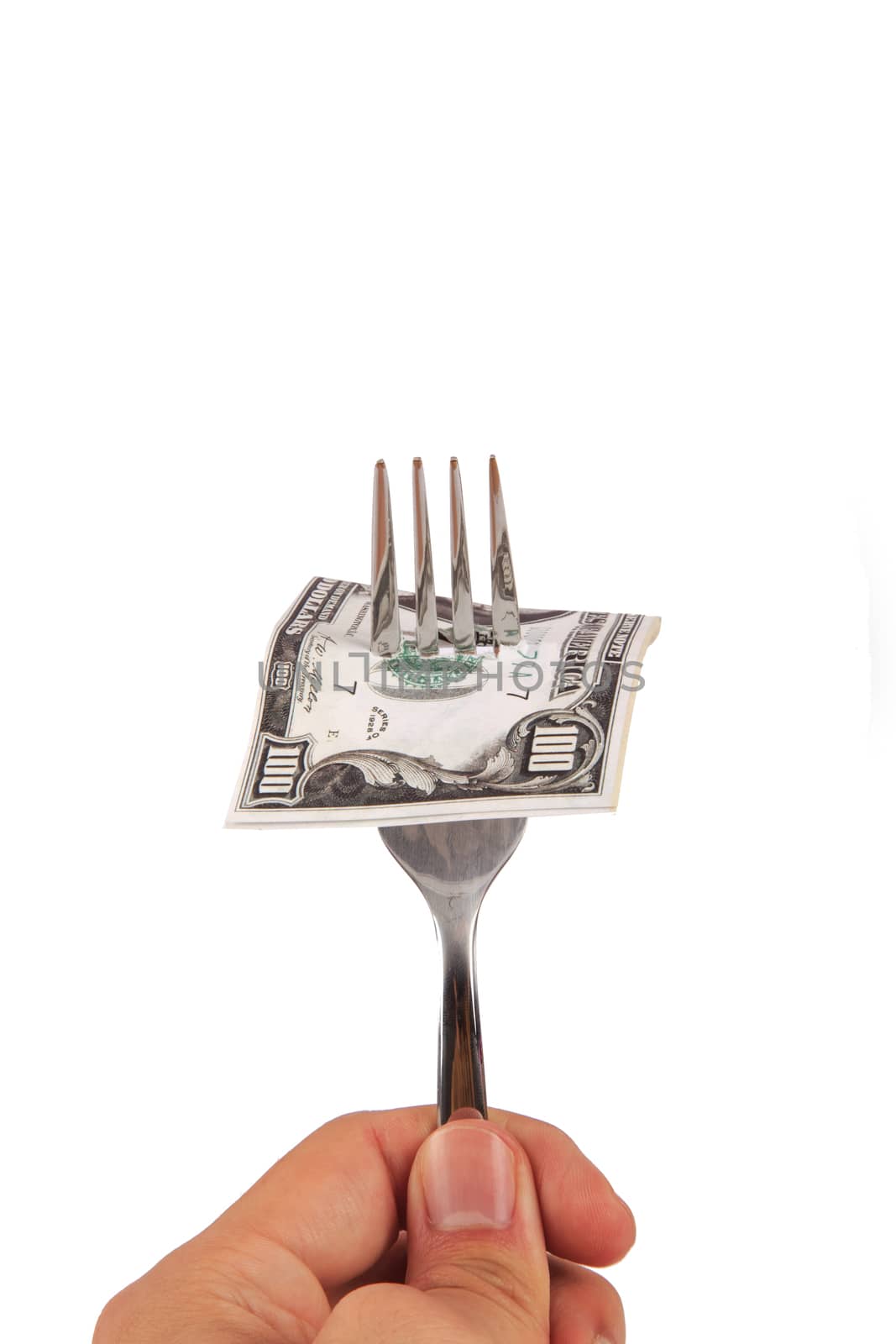 View of one hundred dollar banknotes on a fork, isolated on white background.
