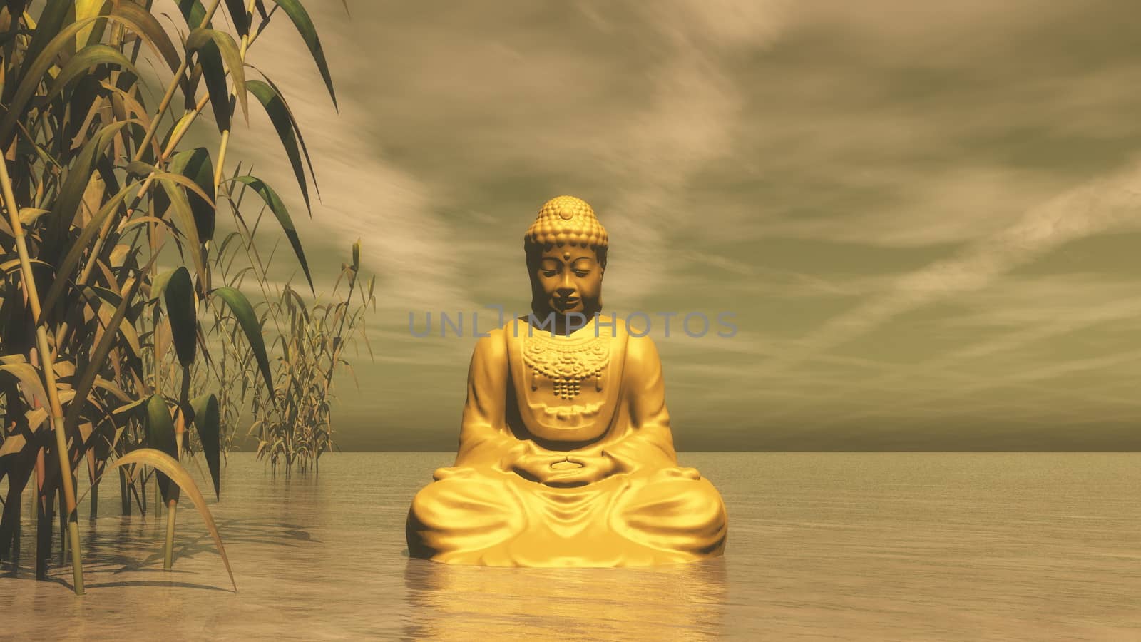 Golden buddha meditating next to bamboos by sunset light - 3D render