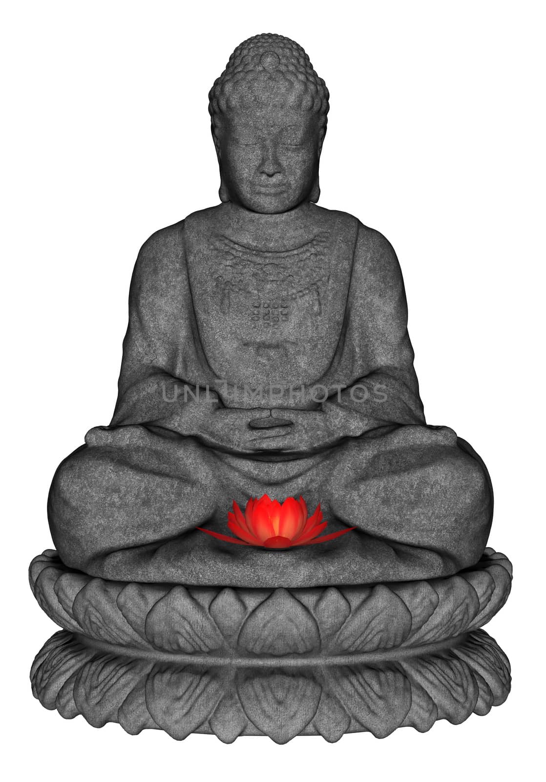 Stone buddha meditating and small lotus flower isolated in white background - 3D render