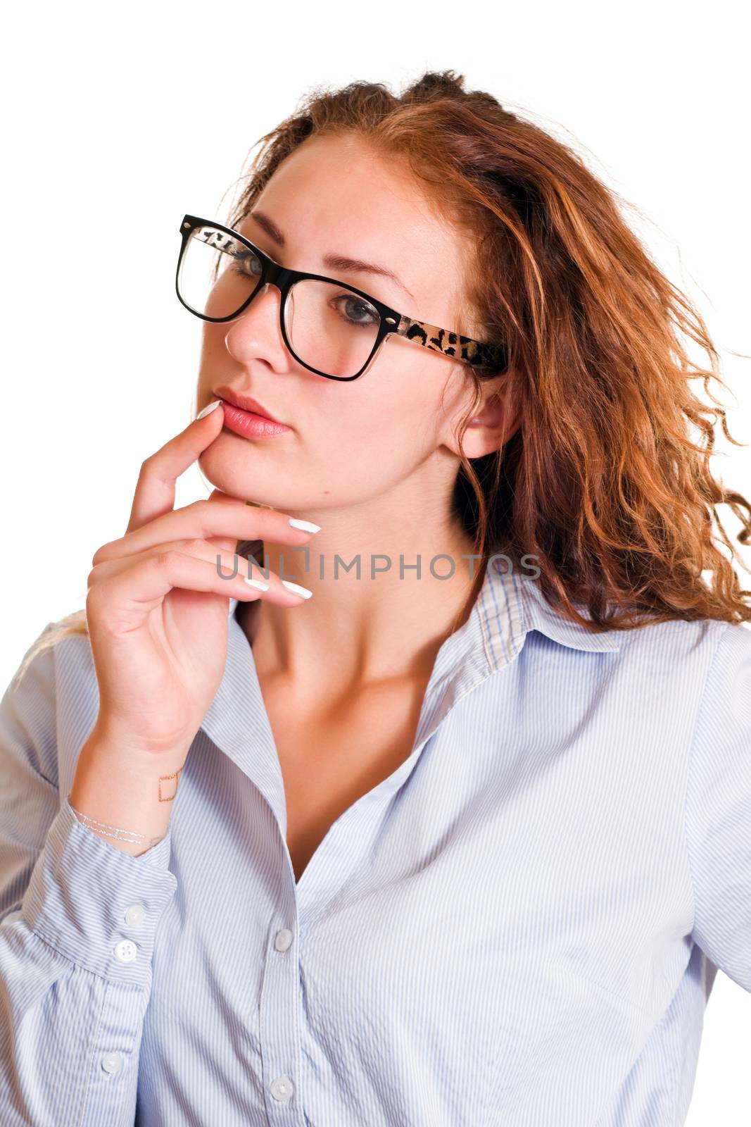 Isolated young business woman wondering.
