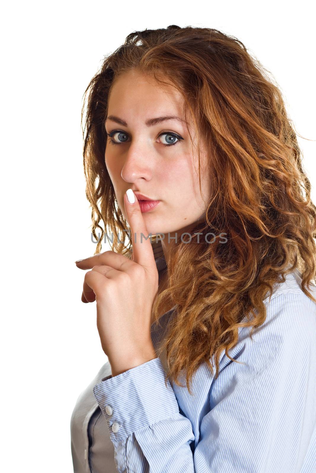 Business woman keeping it secret over a white background.