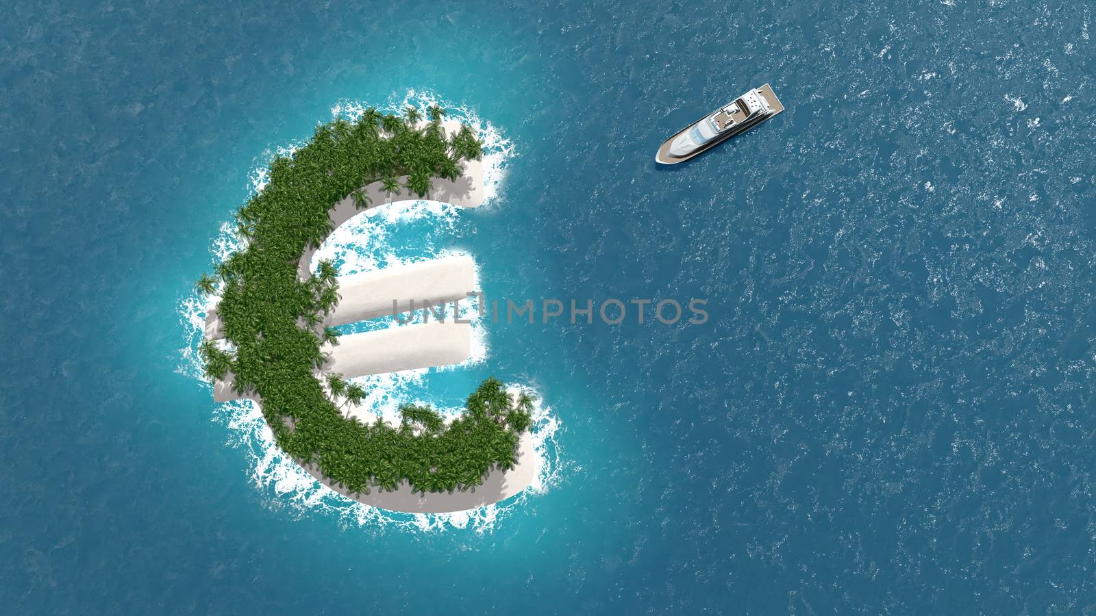 Tax haven, financial or wealth evasion on a euro shaped island. A luxury boat is sailing to the island.