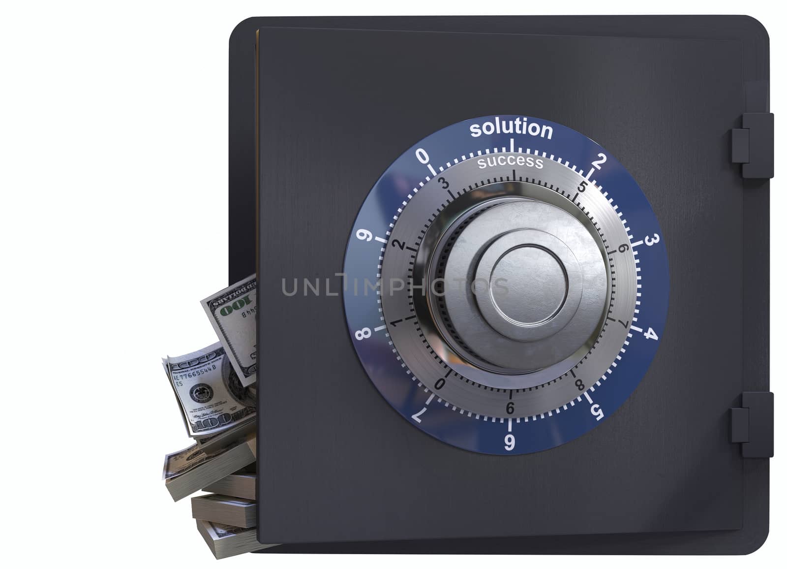 Close up of a safe lock and cash concept of solution and success in business by denisgo