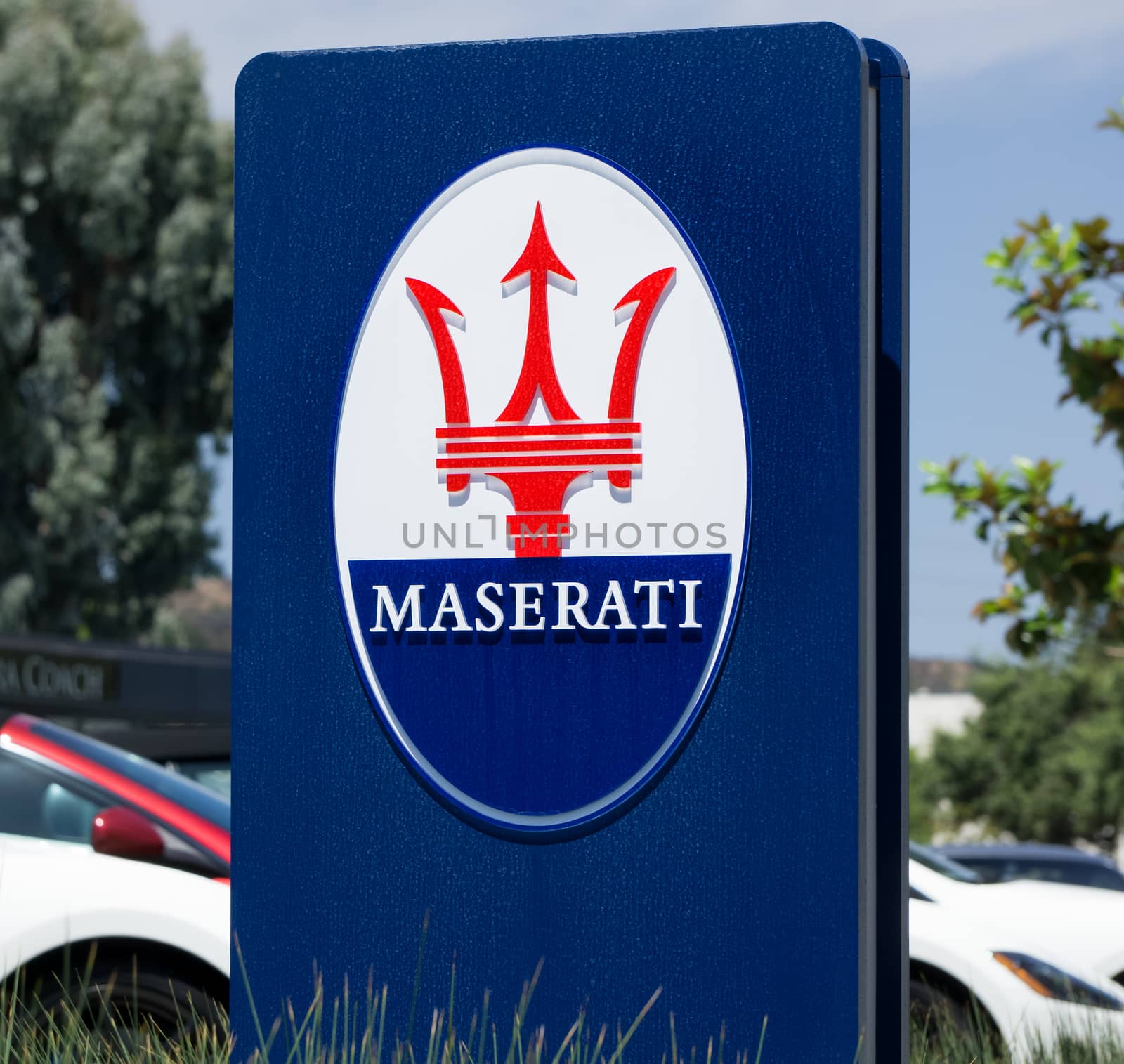 LOS ANGELES, CA/USA - JULY 11, 2015: Maserati sign and logo. Maserati is an Italian luxury car manufacturer.