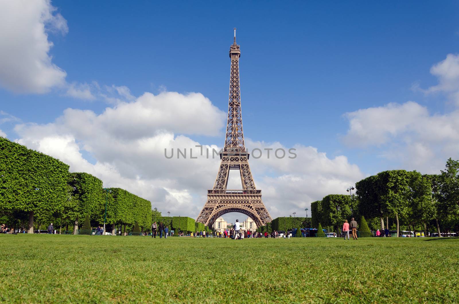 Eiffel Tower with blue sky in the morning, Paris, France.