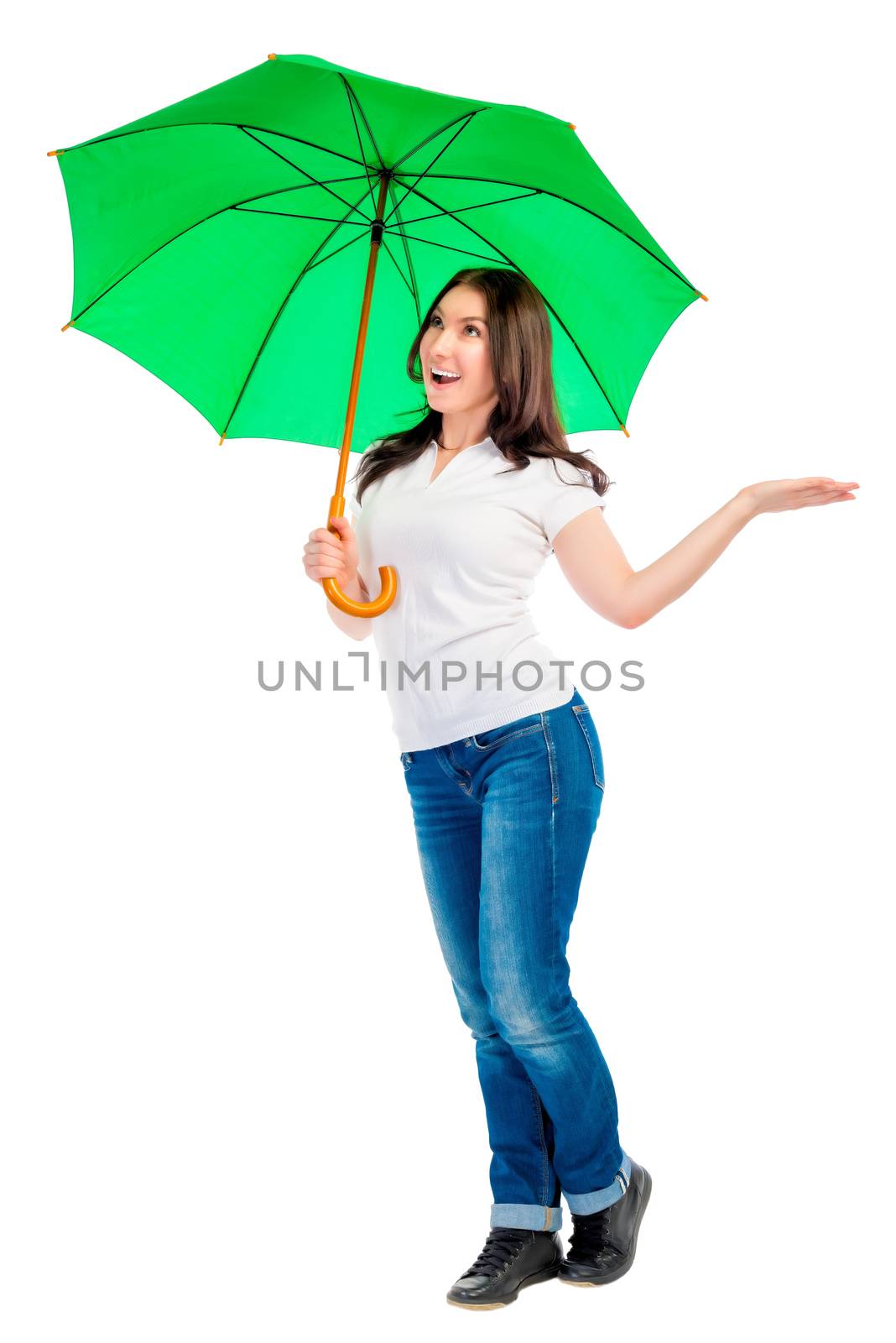 woman with green umbrella checks whether there is rain