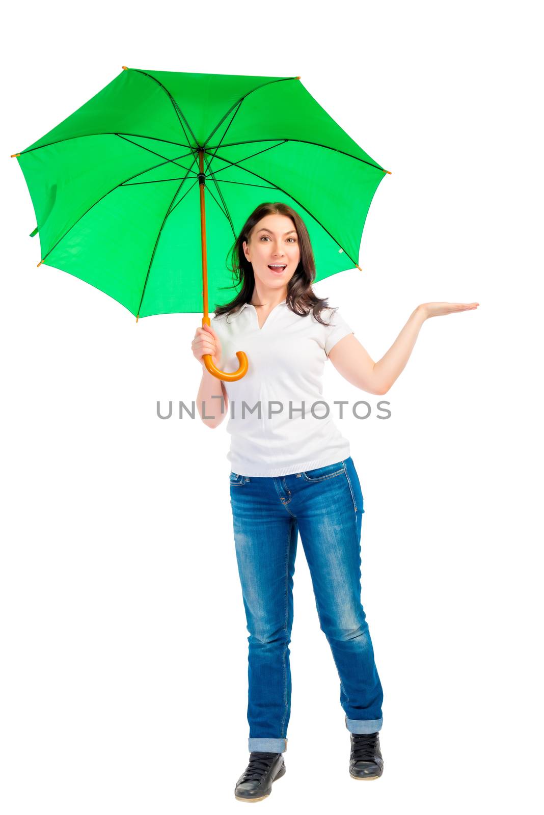 shooting girl with a green umbrella on a white background