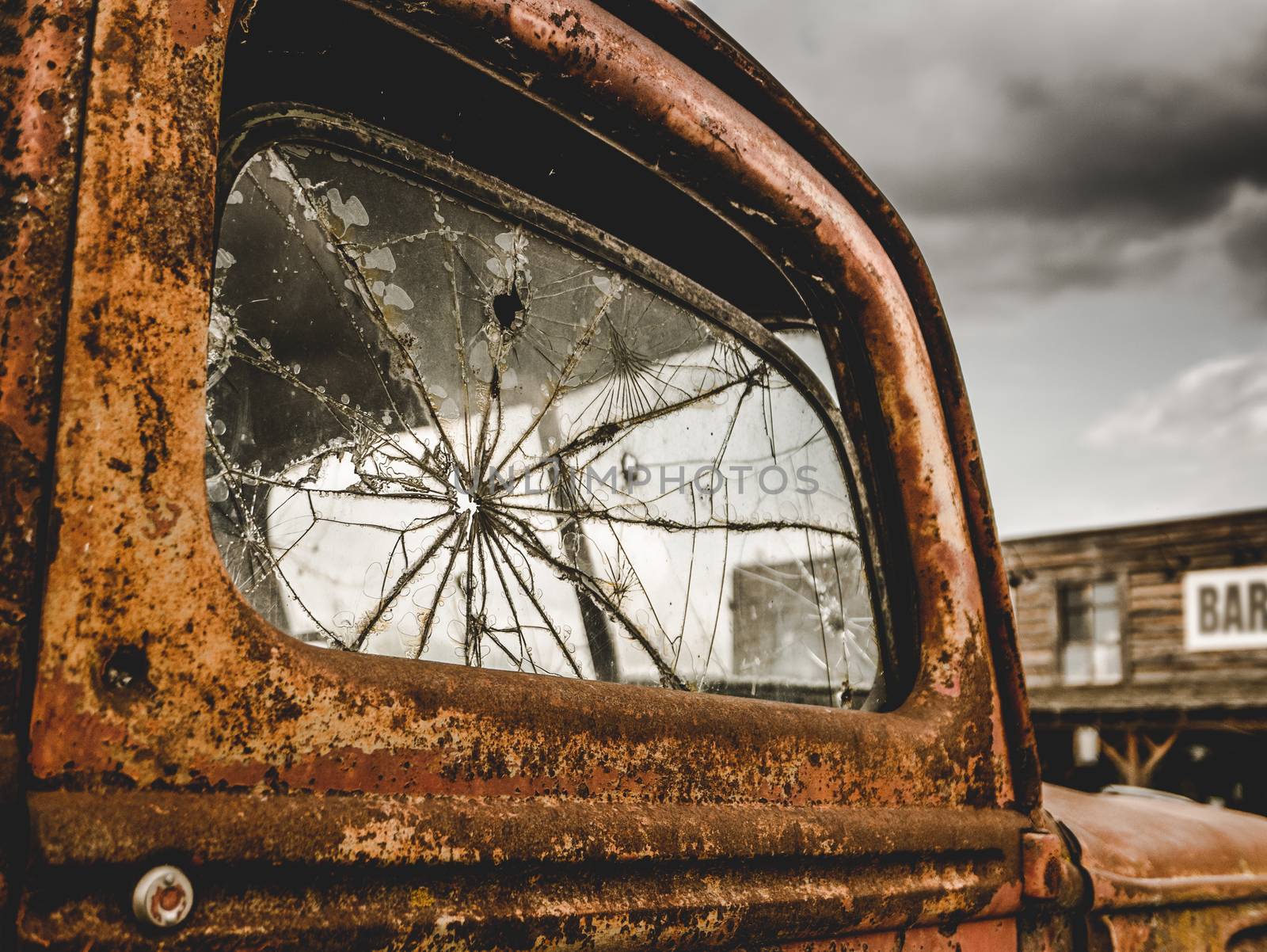 Retro Filtered Americana Image Of A Vintage Rusty Truck Outside A Bar