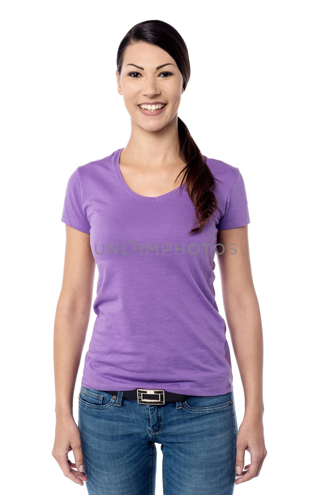 Casual pose of happy young woman over white
