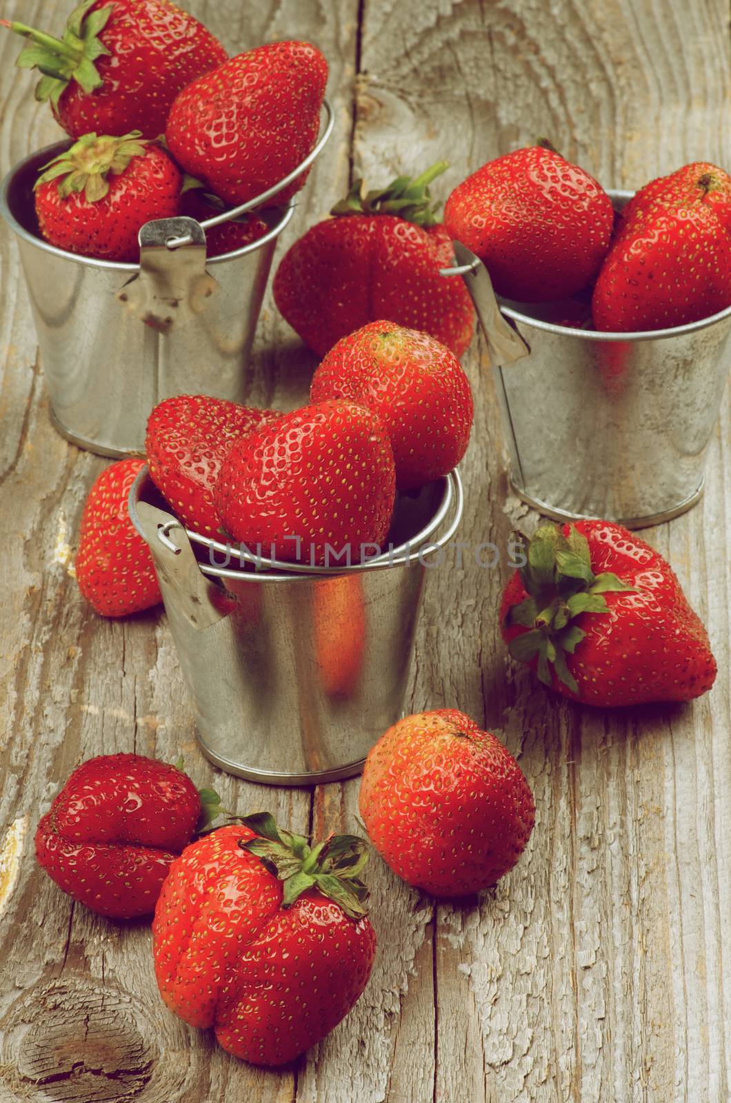 Fresh Ripe Strawberries in Three Tin Buckets closeup on Rustic Wooden background. Retro Styled