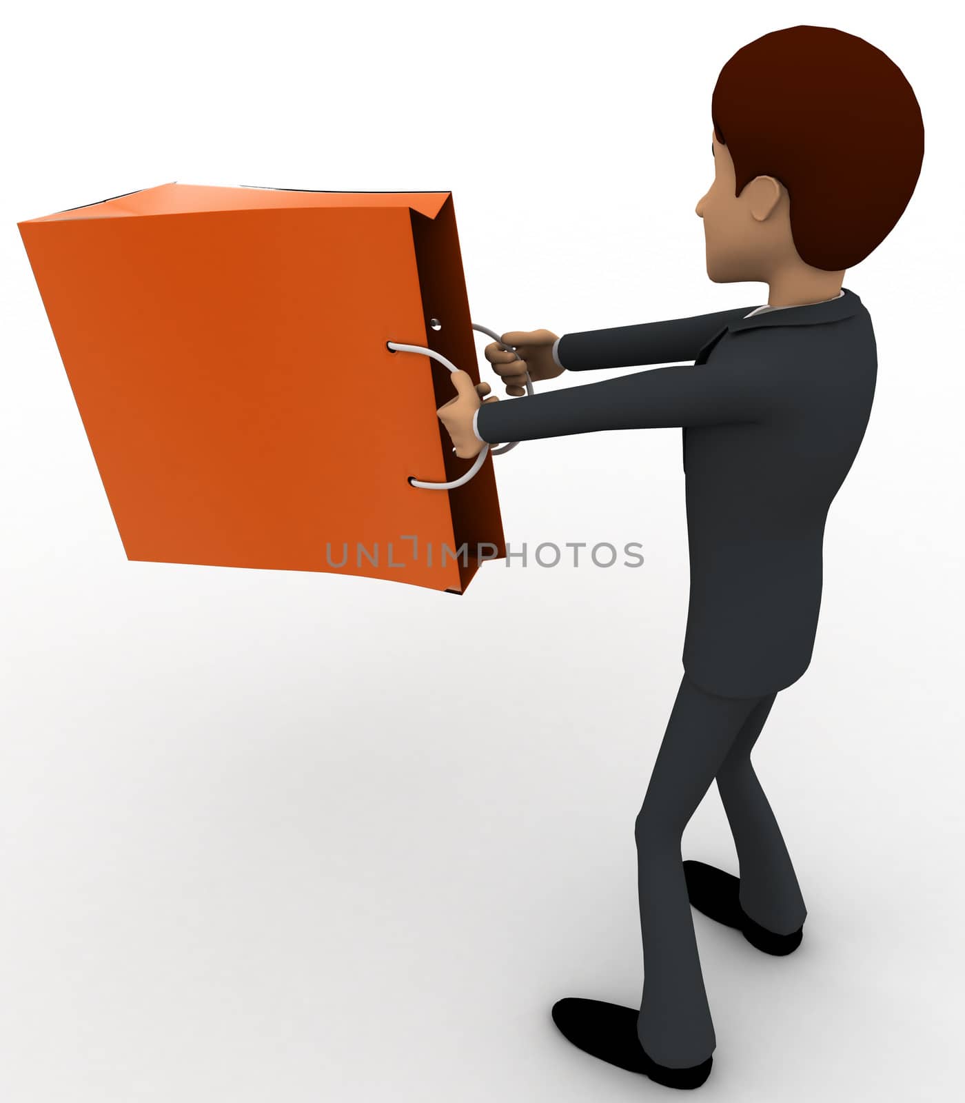 3d man with big orange bag concept on white background, side  angle view