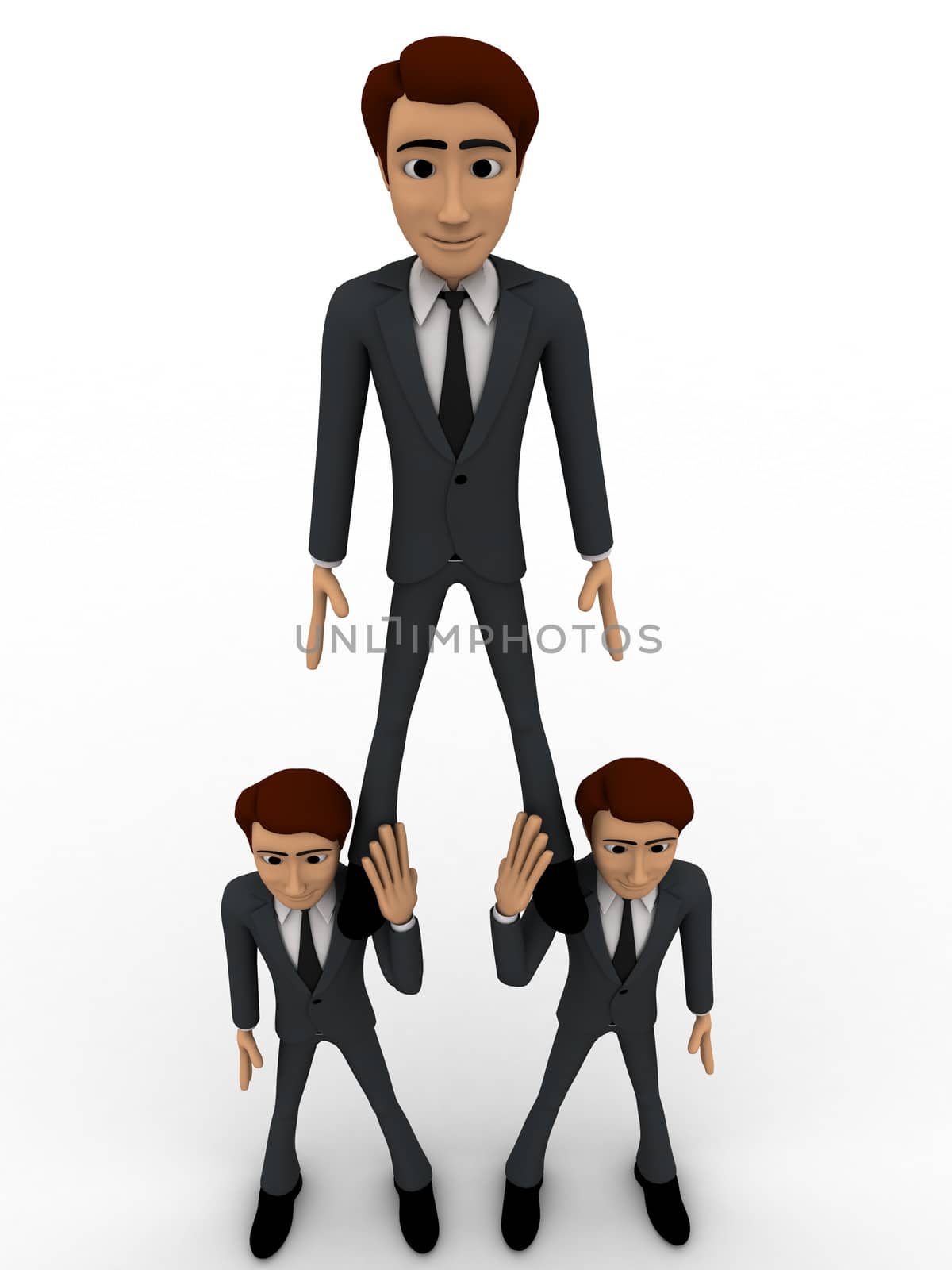 3d two man support another man to stand up concept on white background, front angle view