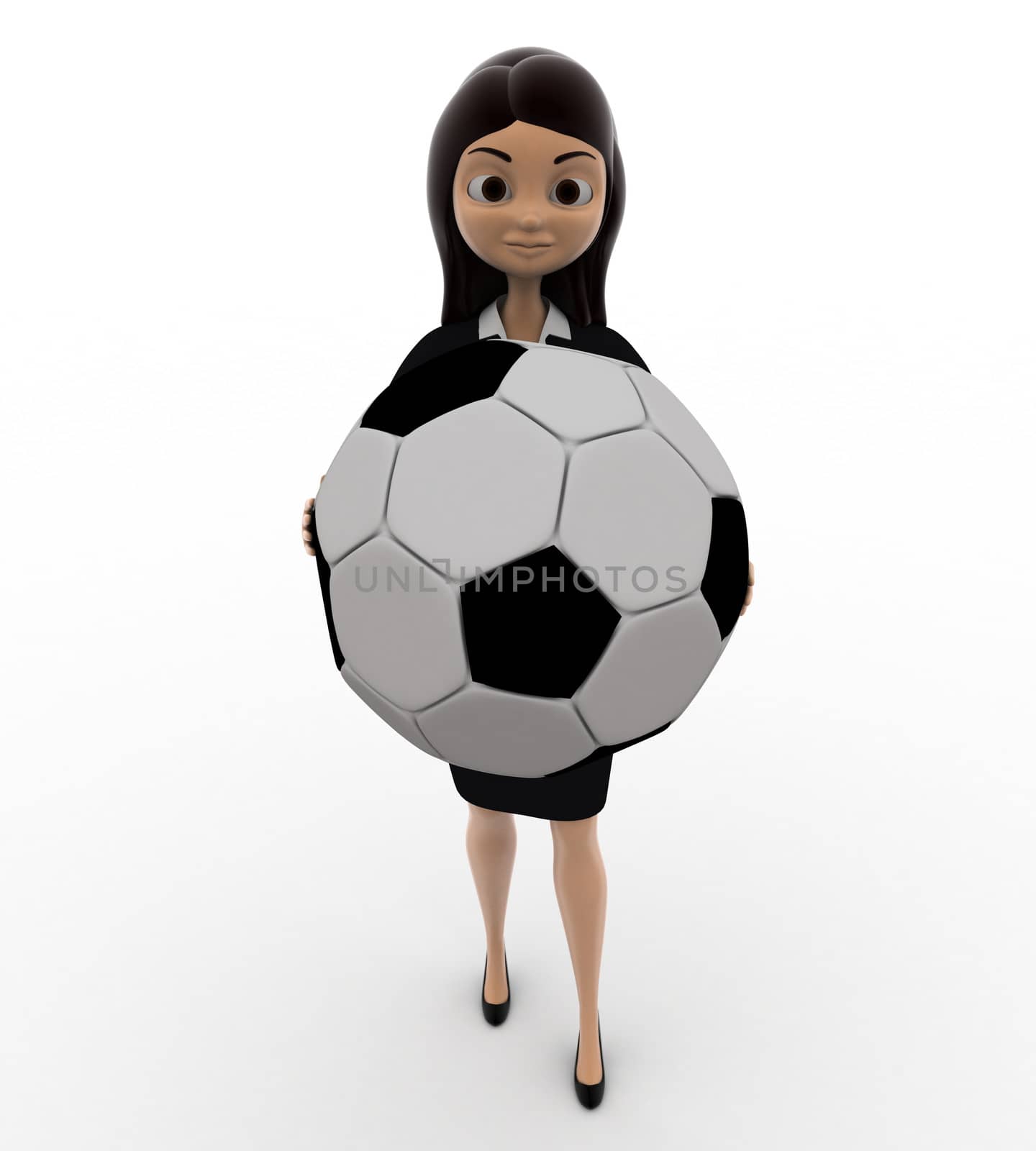 3d woman holding big football in hand concept on white background, front angle view