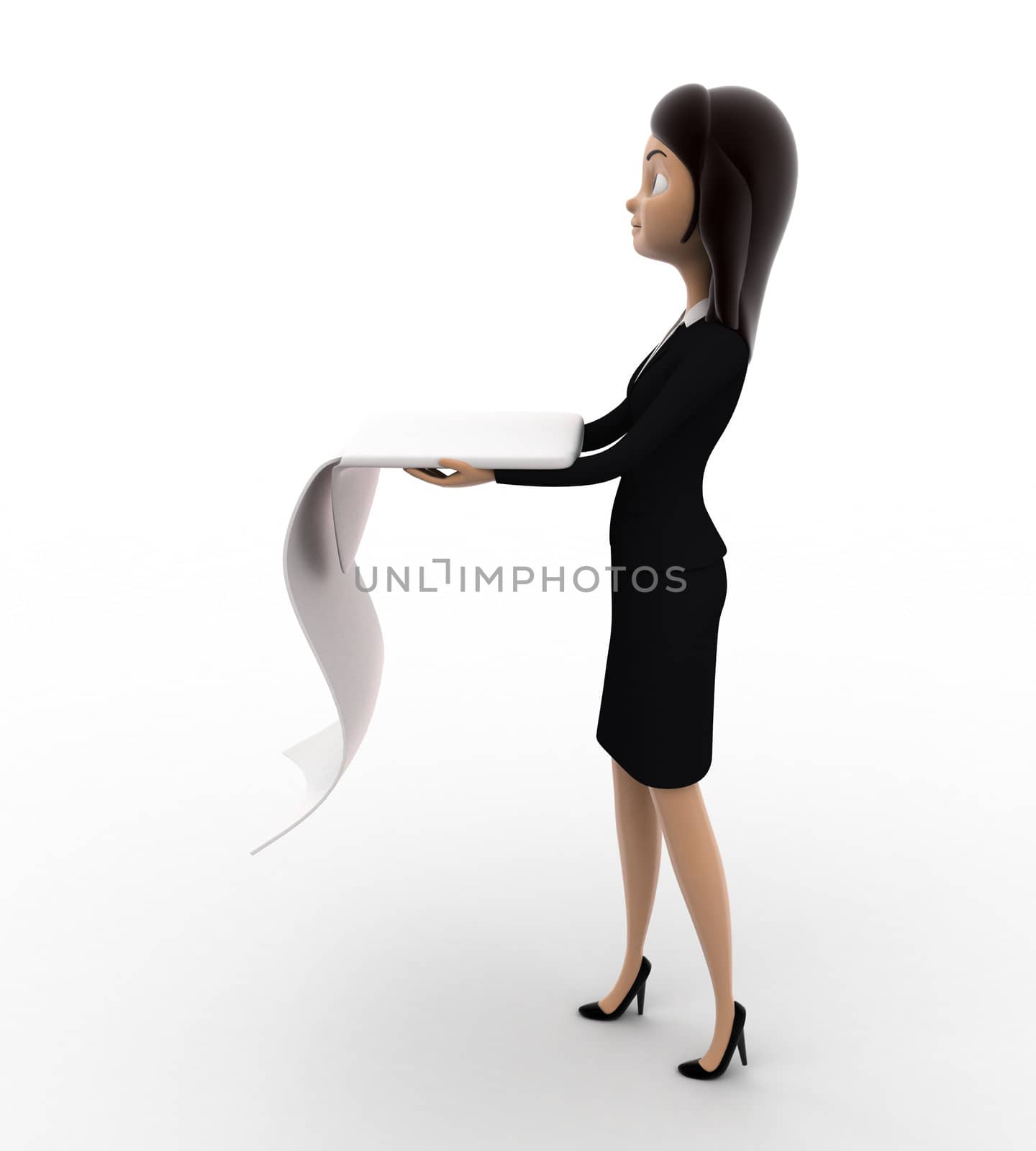 3d woman with long list of paper concept on white background, right side angle view