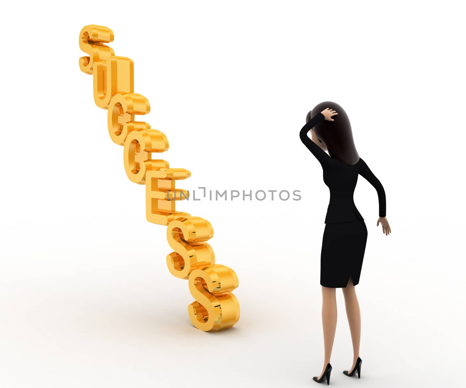 3d woman confused on succuss stair concept on white background, right side angle view