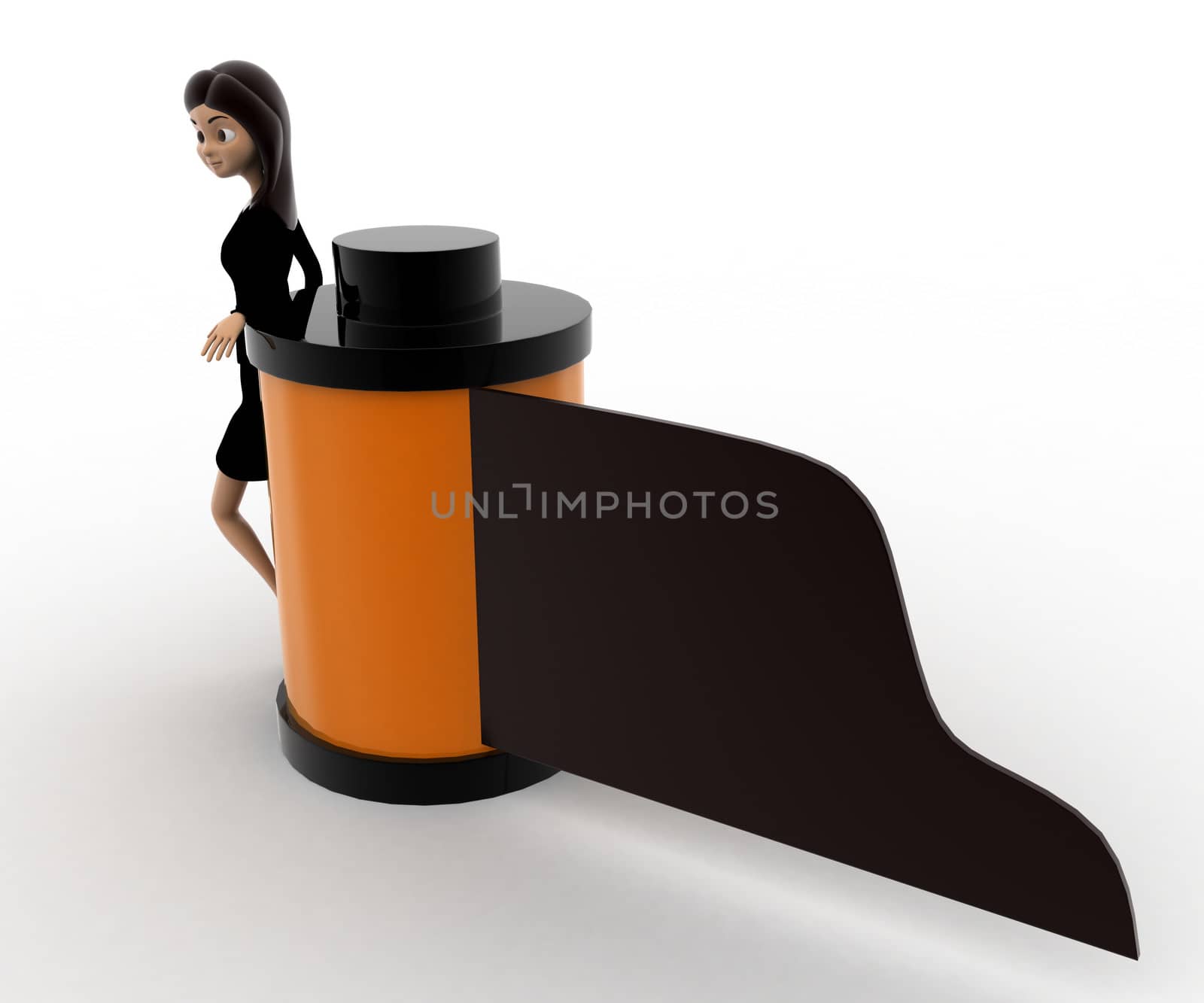 3d woman with camera film reel concept on white background, right side angle view