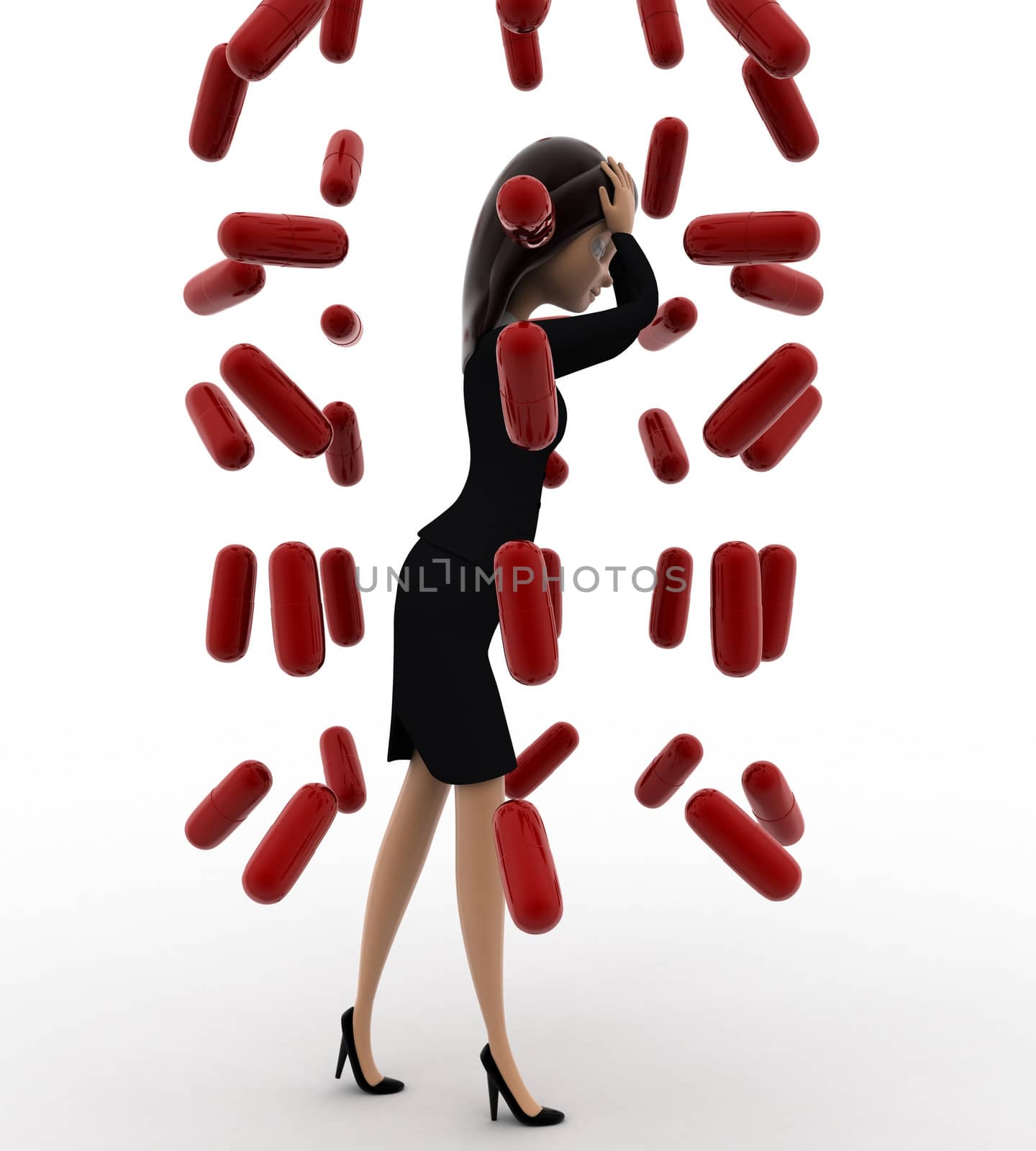 3d woman under rain of red germs concept on white background, left side angle view