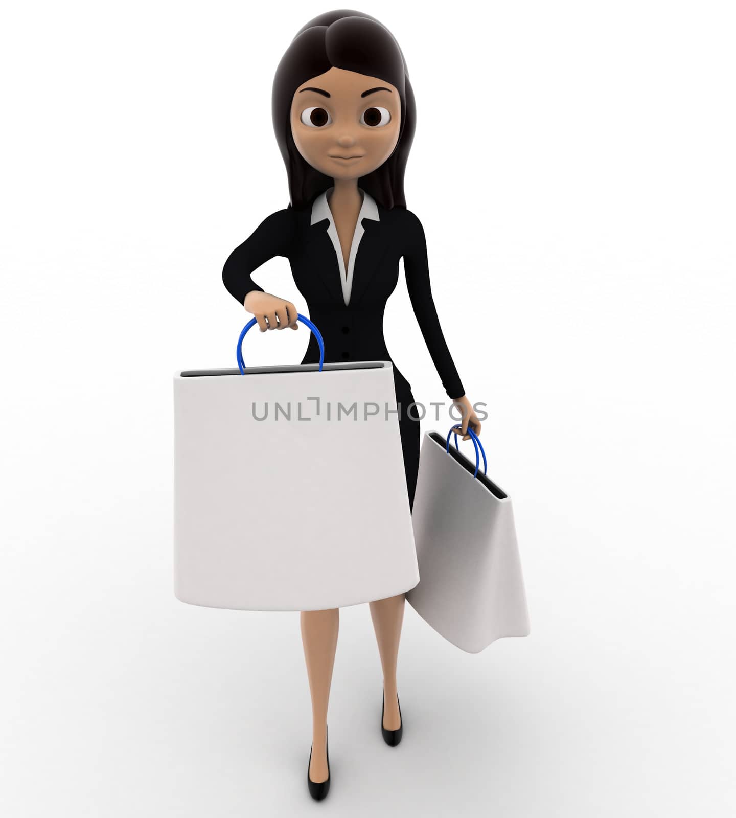 3d woman with white shopping bags concept on white background, front angle view