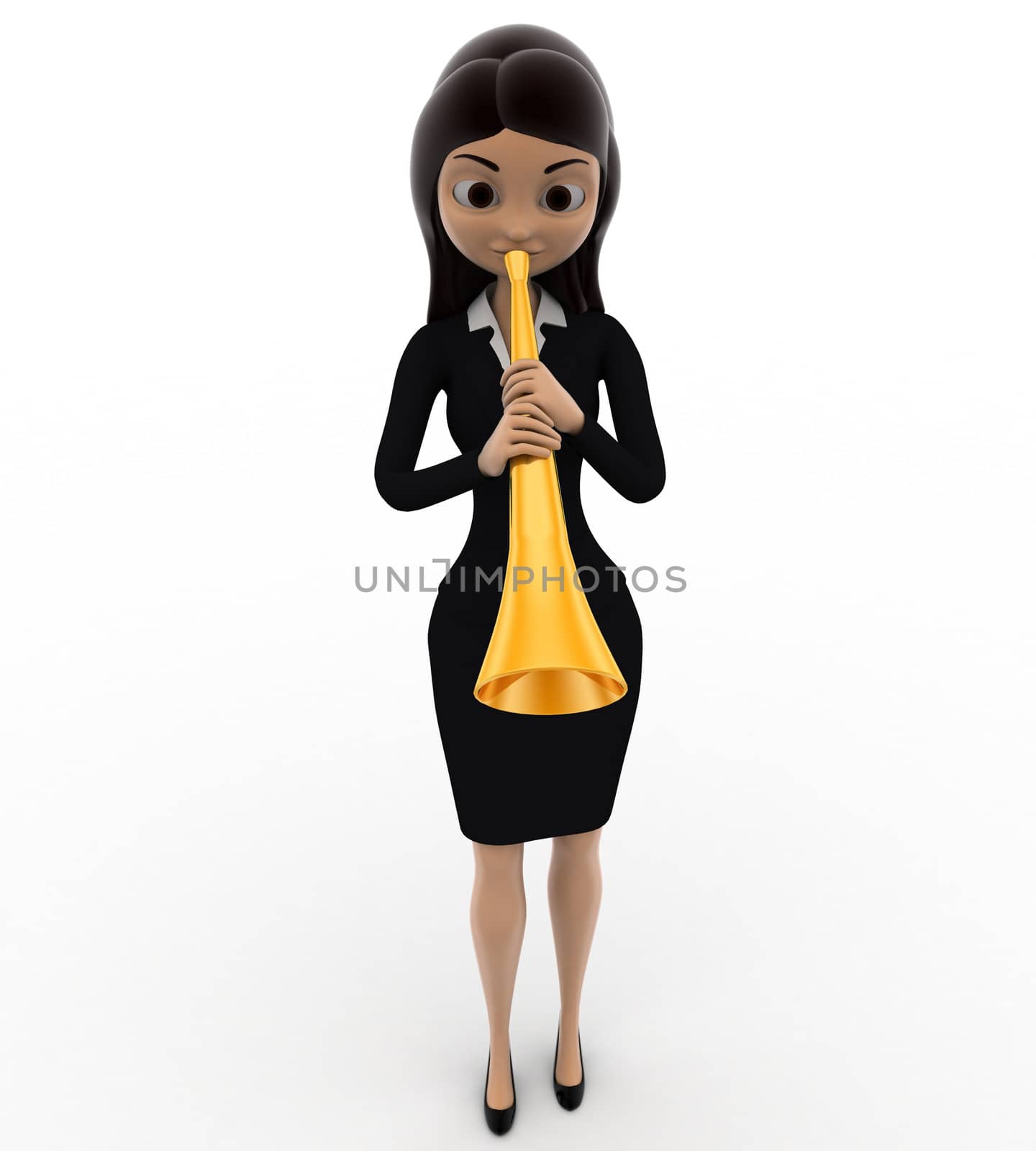 3d woman play sexophone concept on white background, front angle view