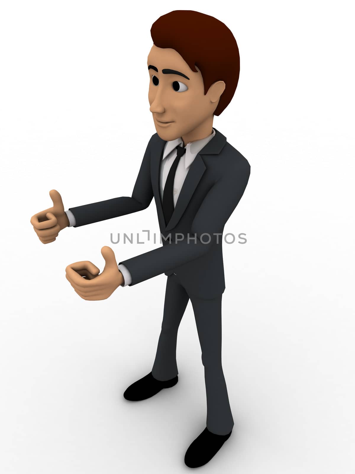 3d man show thumbs up concept on white background, top side  angle view
