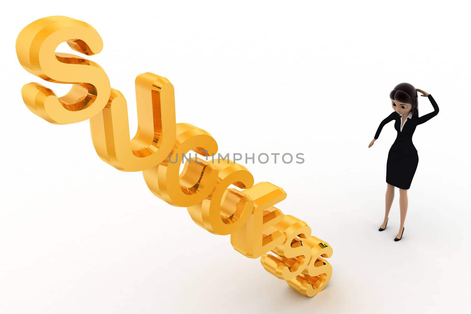 3d woman confused on succuss stair concept on white background, left side angle view