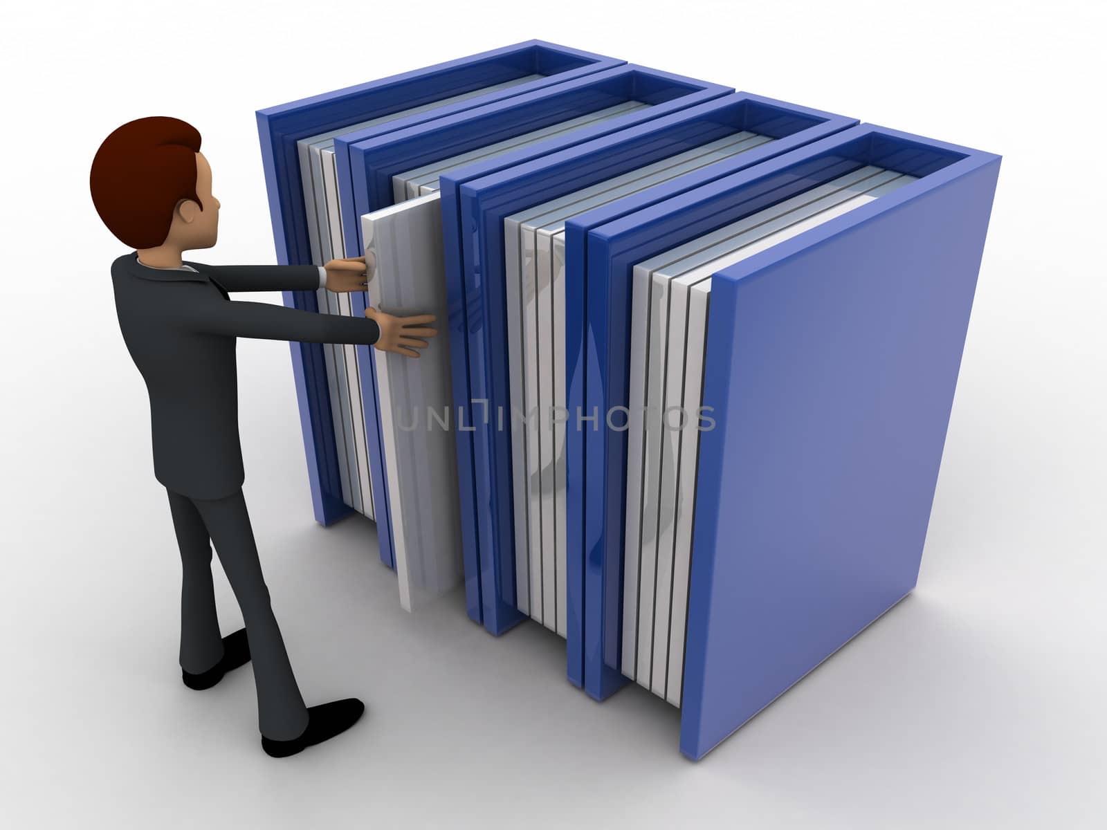 3d man taking book from bookshelf concept on white background, left side angle view