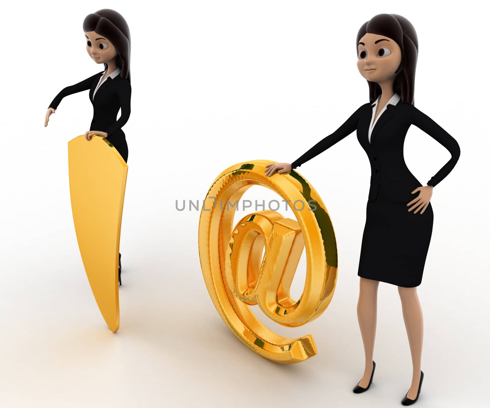 3d woman with golden shield and @ concept on white background, side angle view