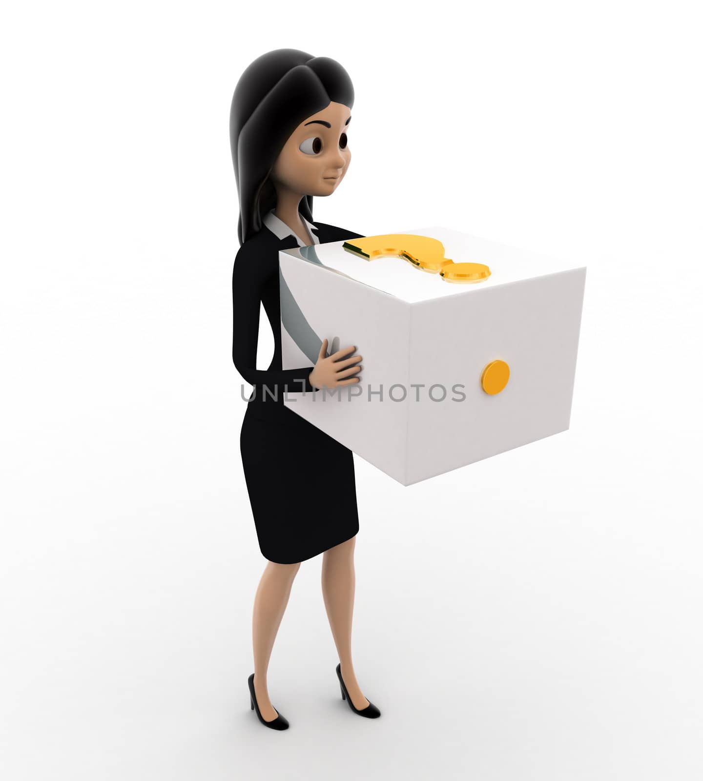 3d woman with big golden dice concept on white background, Side angle view