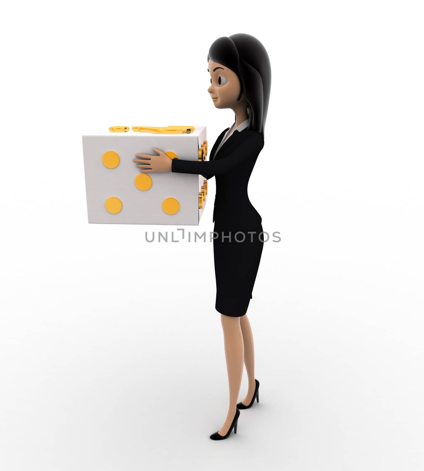 3d woman with big golden dice concept by touchmenithin@gmail.com