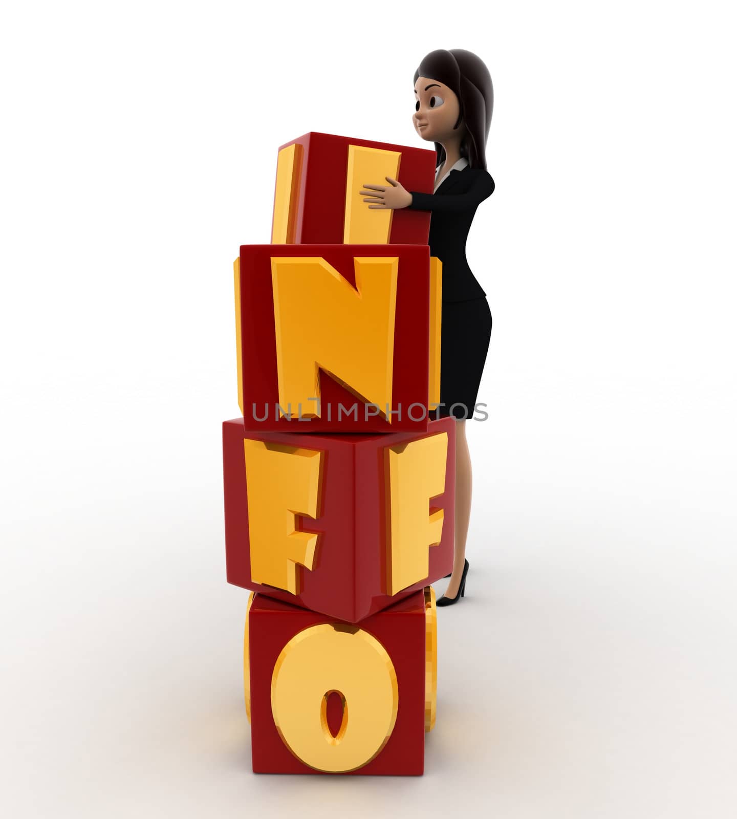 3d woman put info cubes concept on white background, right side angle view