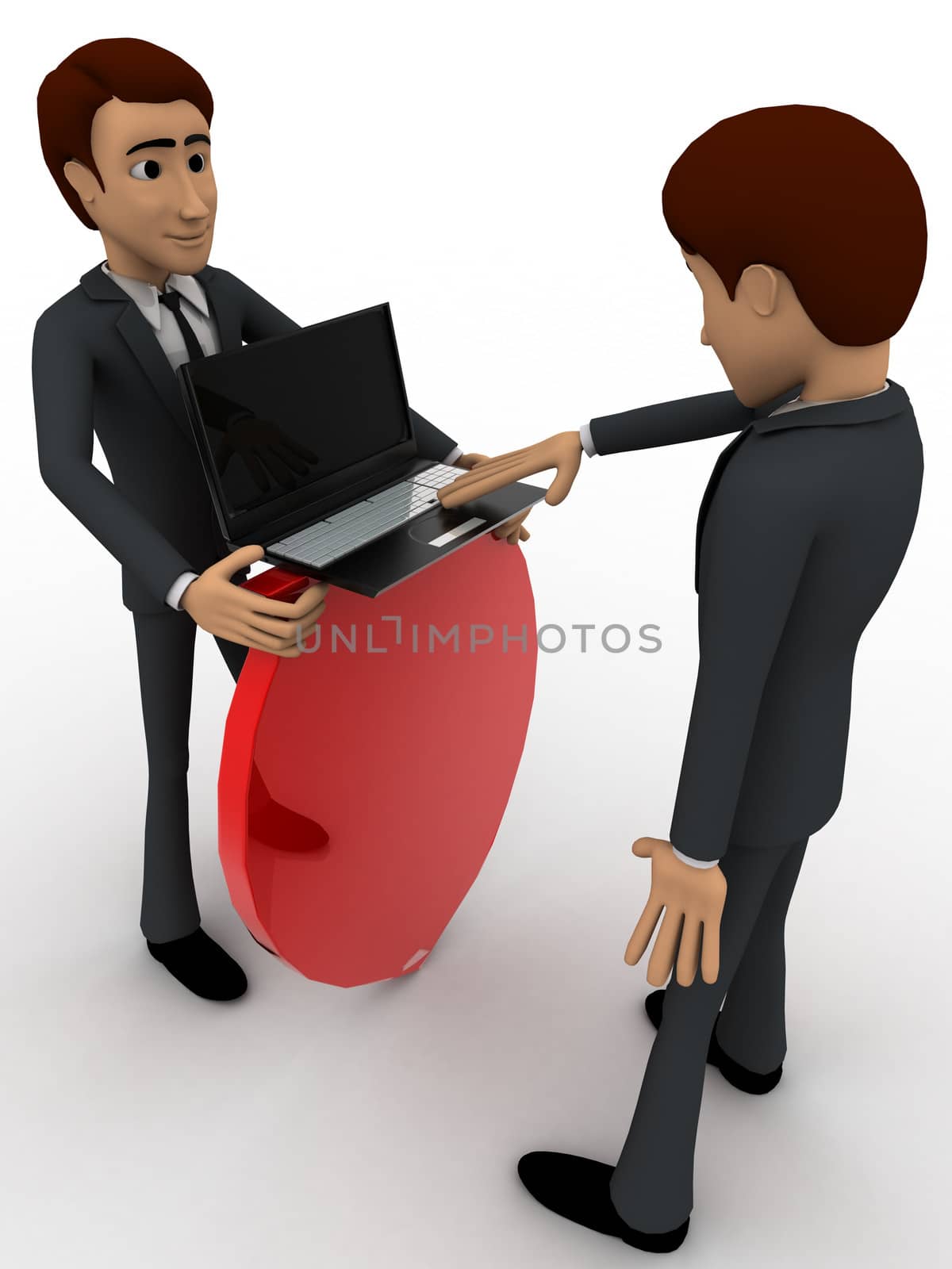 3d man with laptop and shield for security concept on white background, top angle view