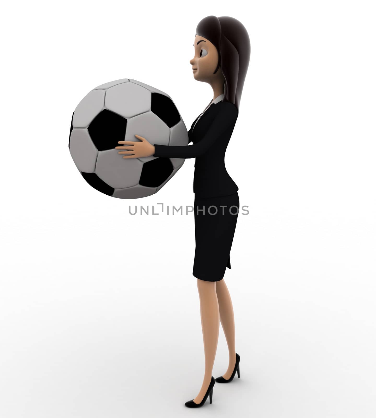 3d woman holding big football in hand concept on white background, right side angle view