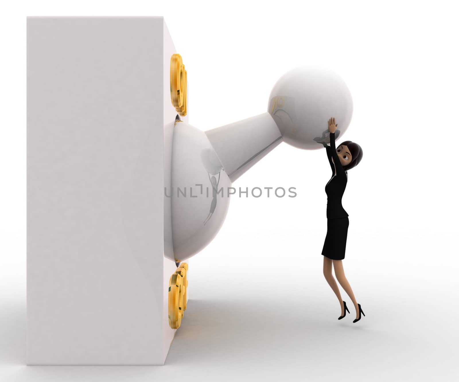 3d woman with big on off lever switch concept on white background, left side angle view