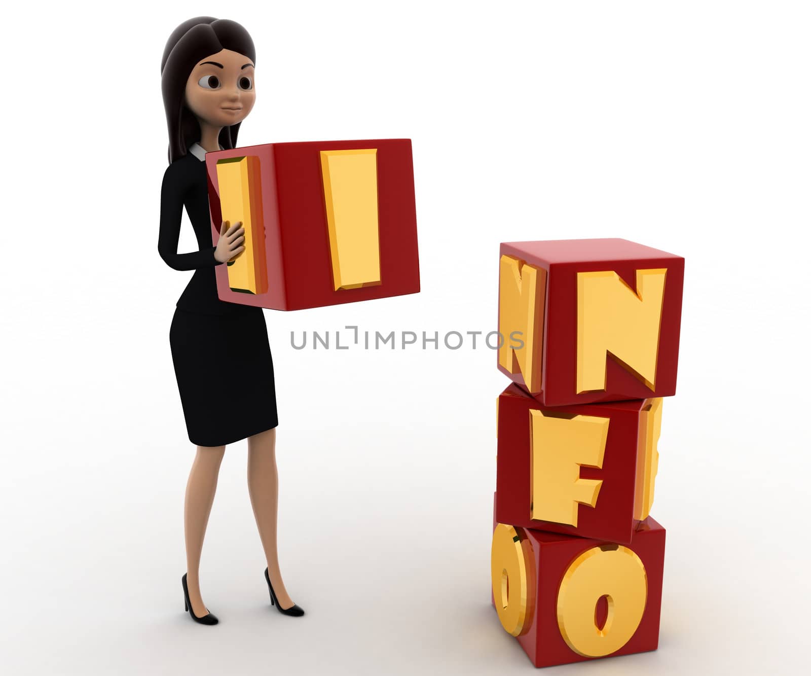 3d woman put info cubes concept on white background, front angle view