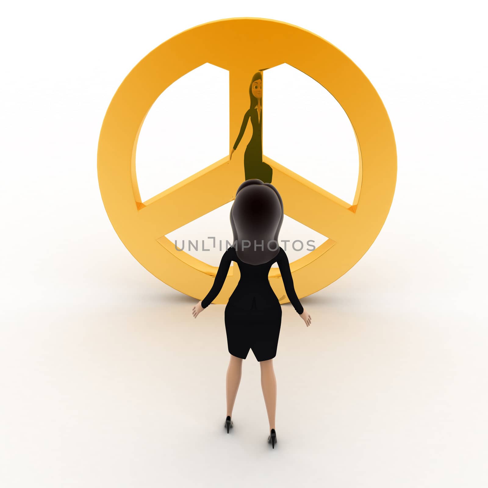 3d woman lokking at golden symbol concept on white background, front angle view