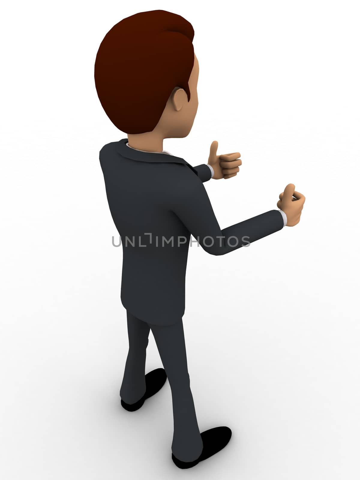 3d man show thumbs up concept on white background, top back  angle view