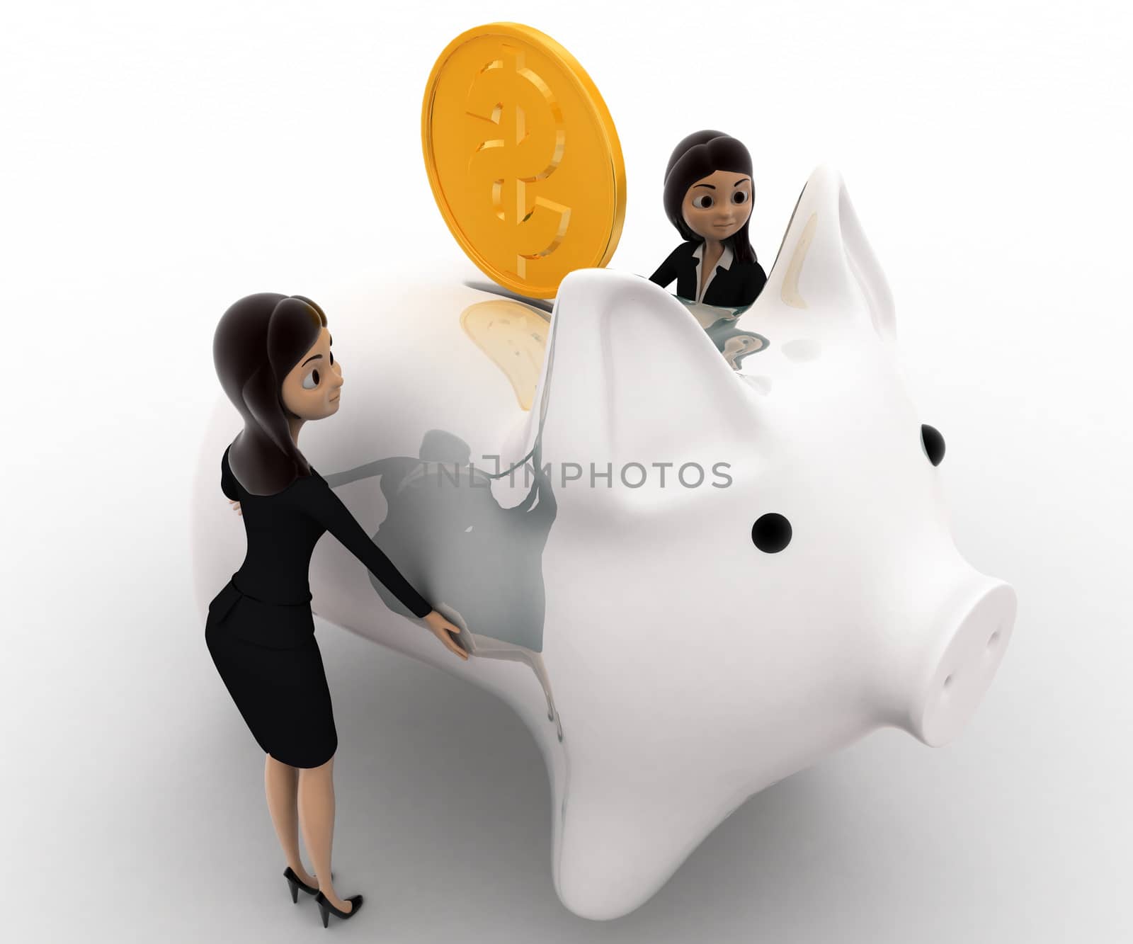 3d woman with big white piggybank concept by touchmenithin@gmail.com