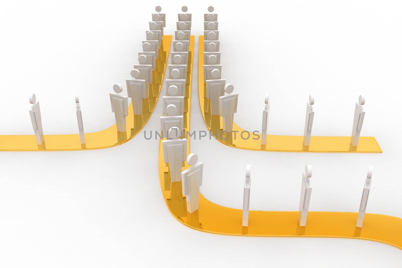 3d man going on three different path concept on white background, left side angle view