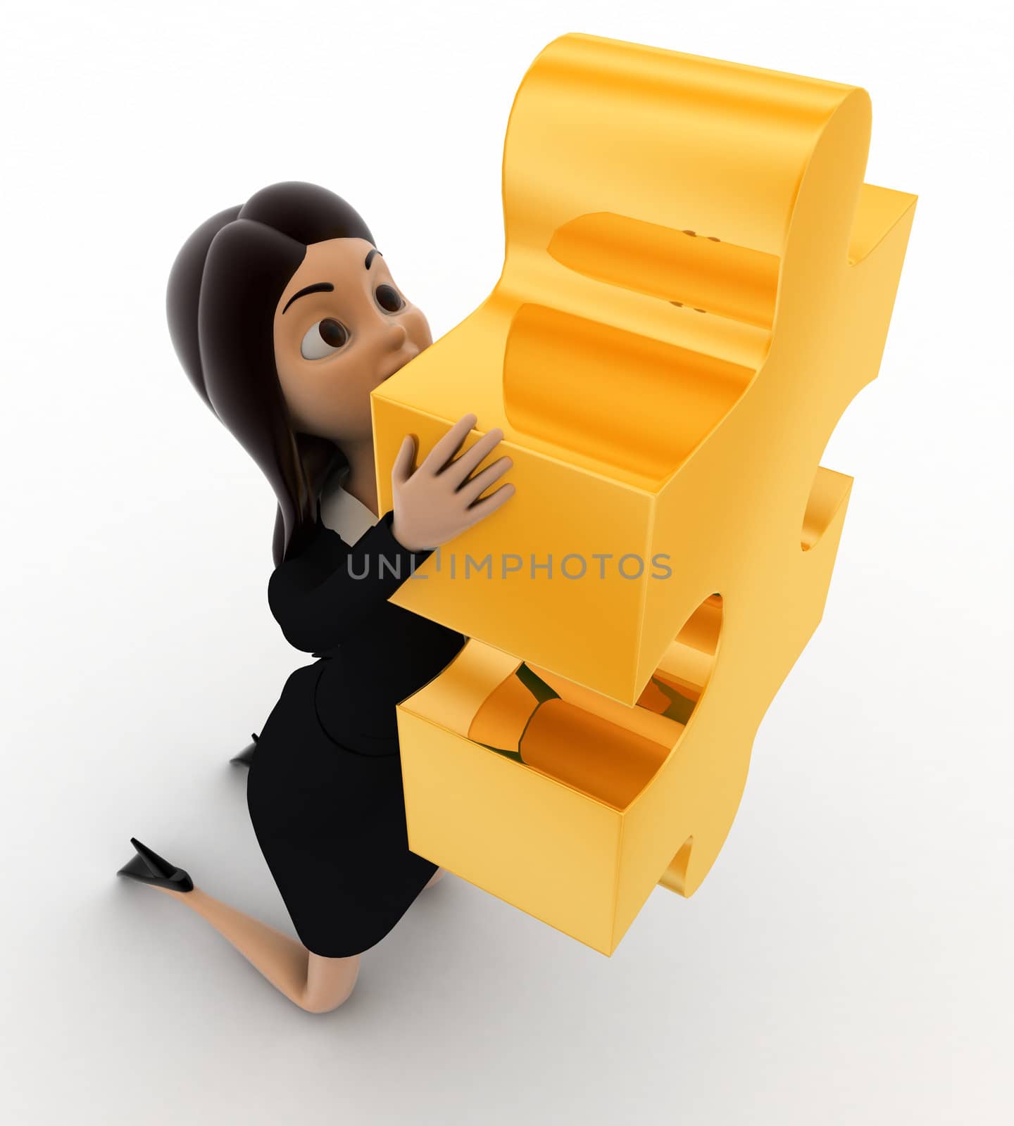3d woman holding golden puzzle piece concept on white background, front angle view