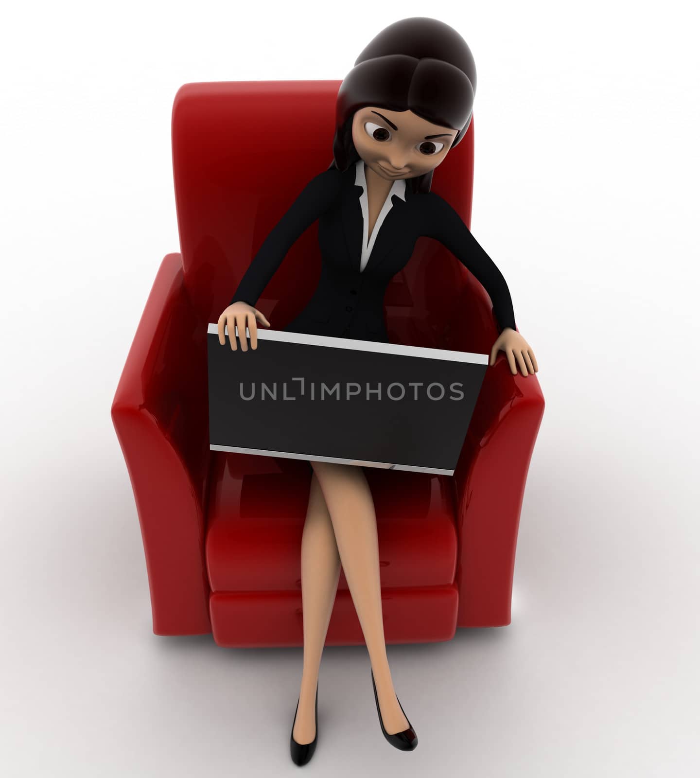 3d woman working on laptop while sitting on sofa seat concept by touchmenithin@gmail.com