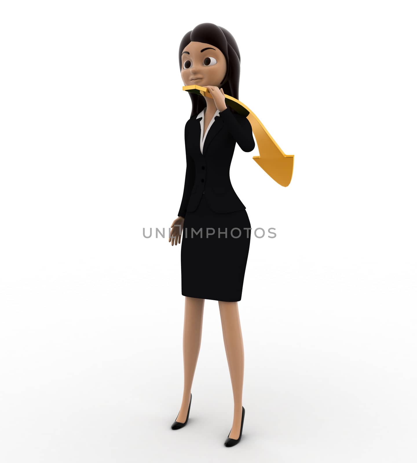 3d woman carry golden arrow on shoulder concept on white background, front angle view