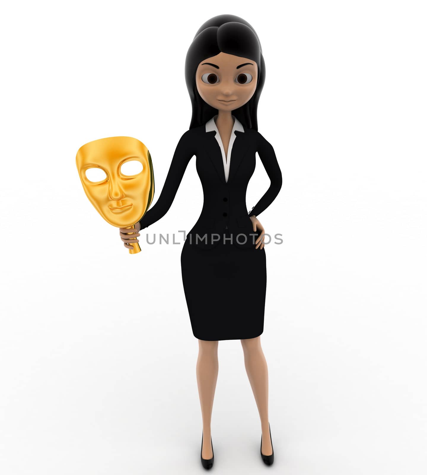3d woman holding golden mask concept on white background, front angle view