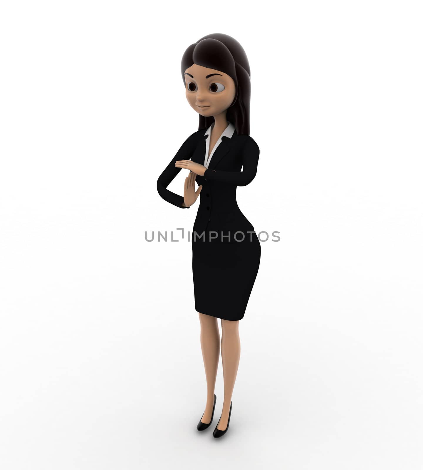3d woman showing finish work sign concept on white background, right side angle view