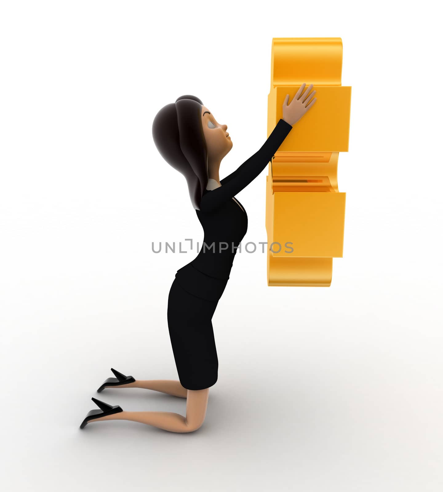 3d woman holding golden puzzle piece concept on white background, left side angle view