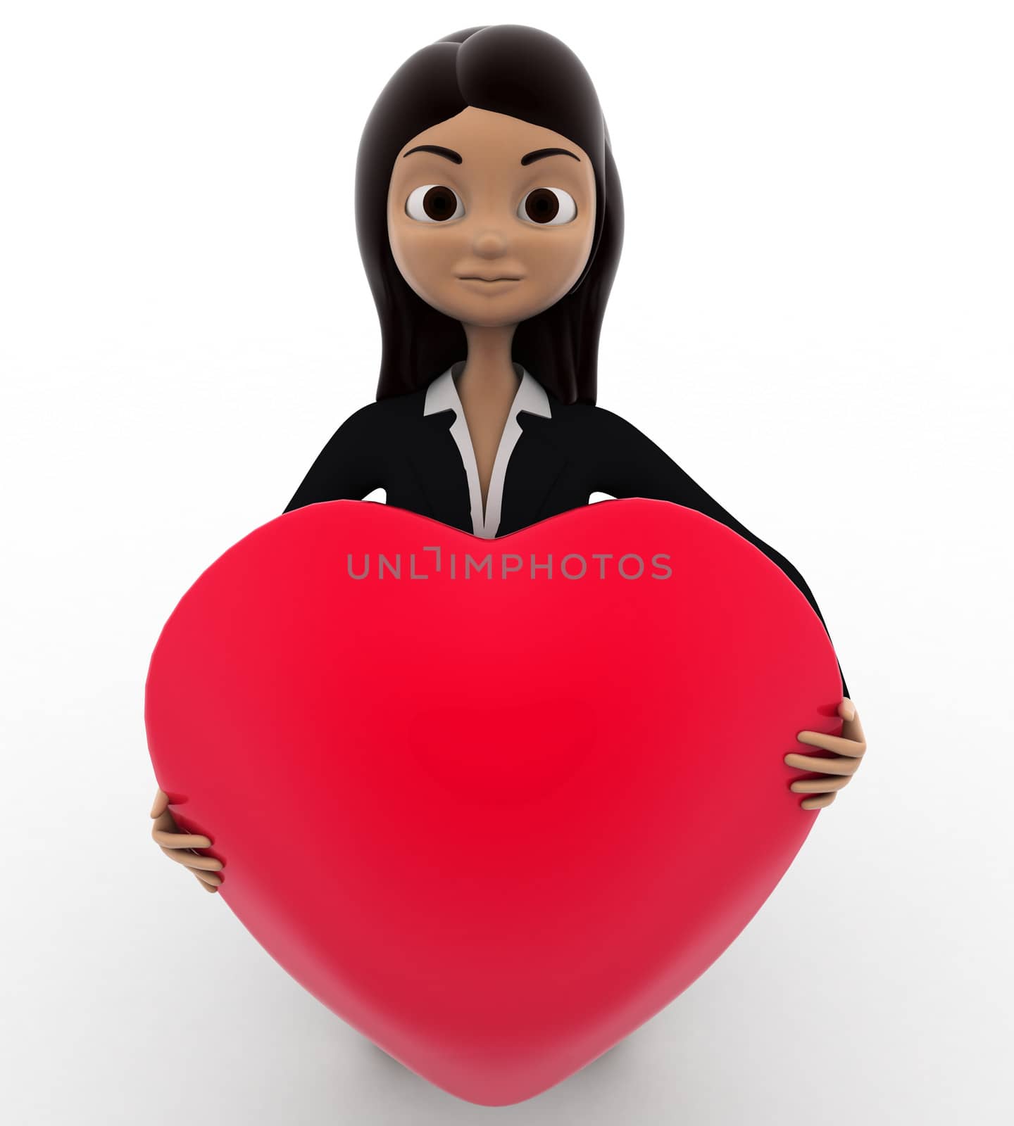 3d woman holding love heart concept on white background, front angle view