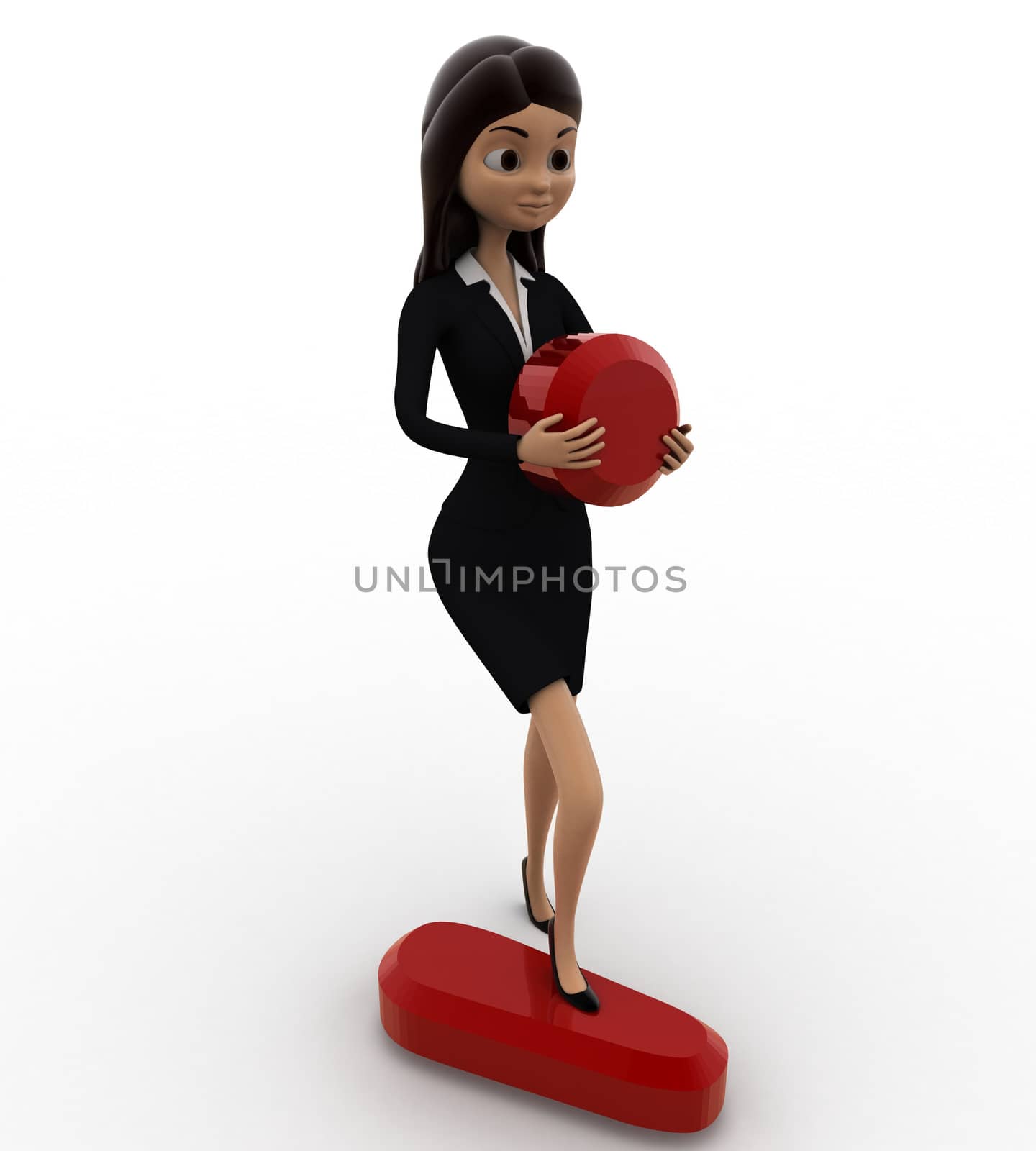 3d woman holding dot of exclamation mark concept on white background, left side angle view