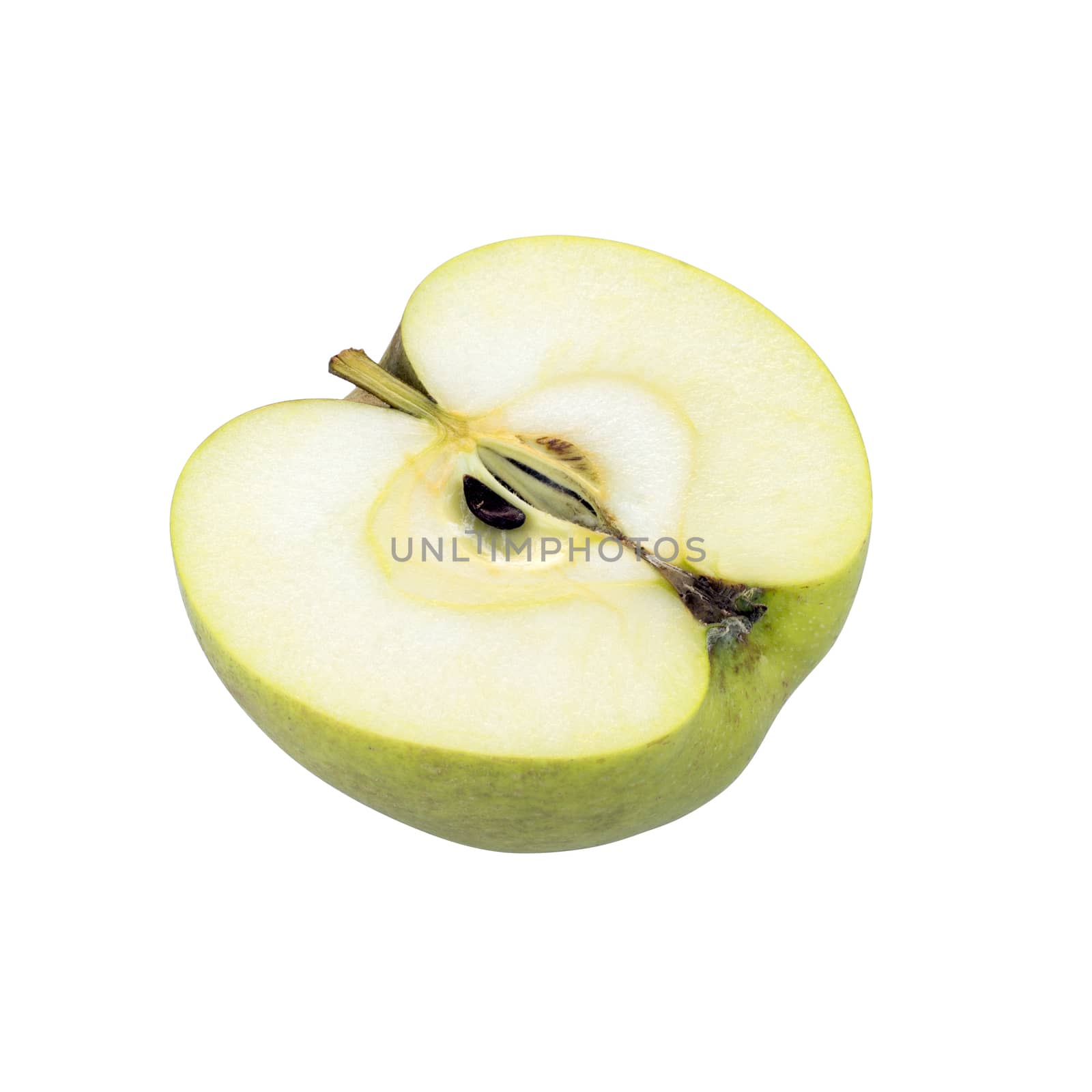 Yellow Renetta Apple cut in half cutout isolated on white background